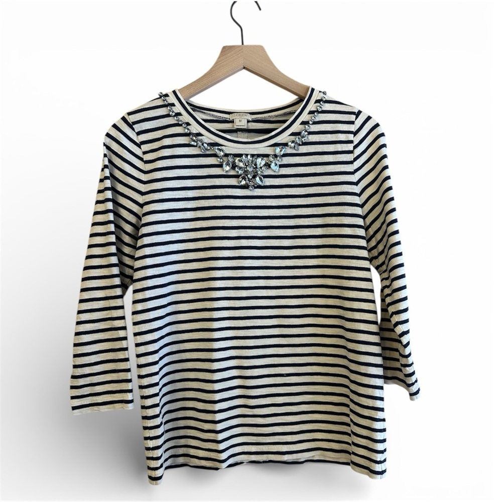 J. Crew Navy White Striped Long Sleeve Top, Med, Jeweled boat neck Coastal